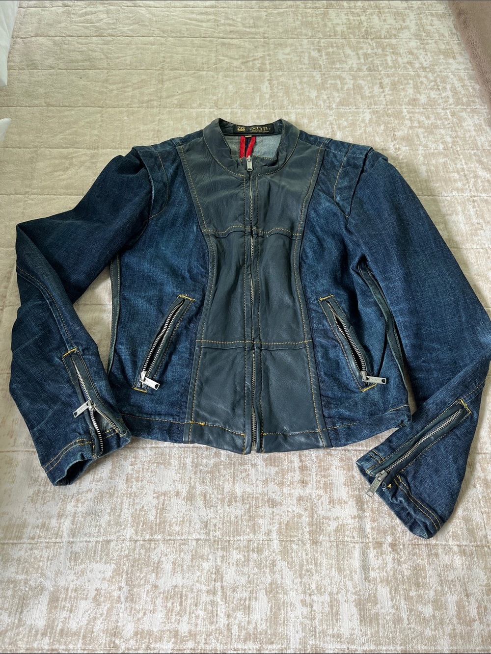 Odyn moto style denim and leather jacket
